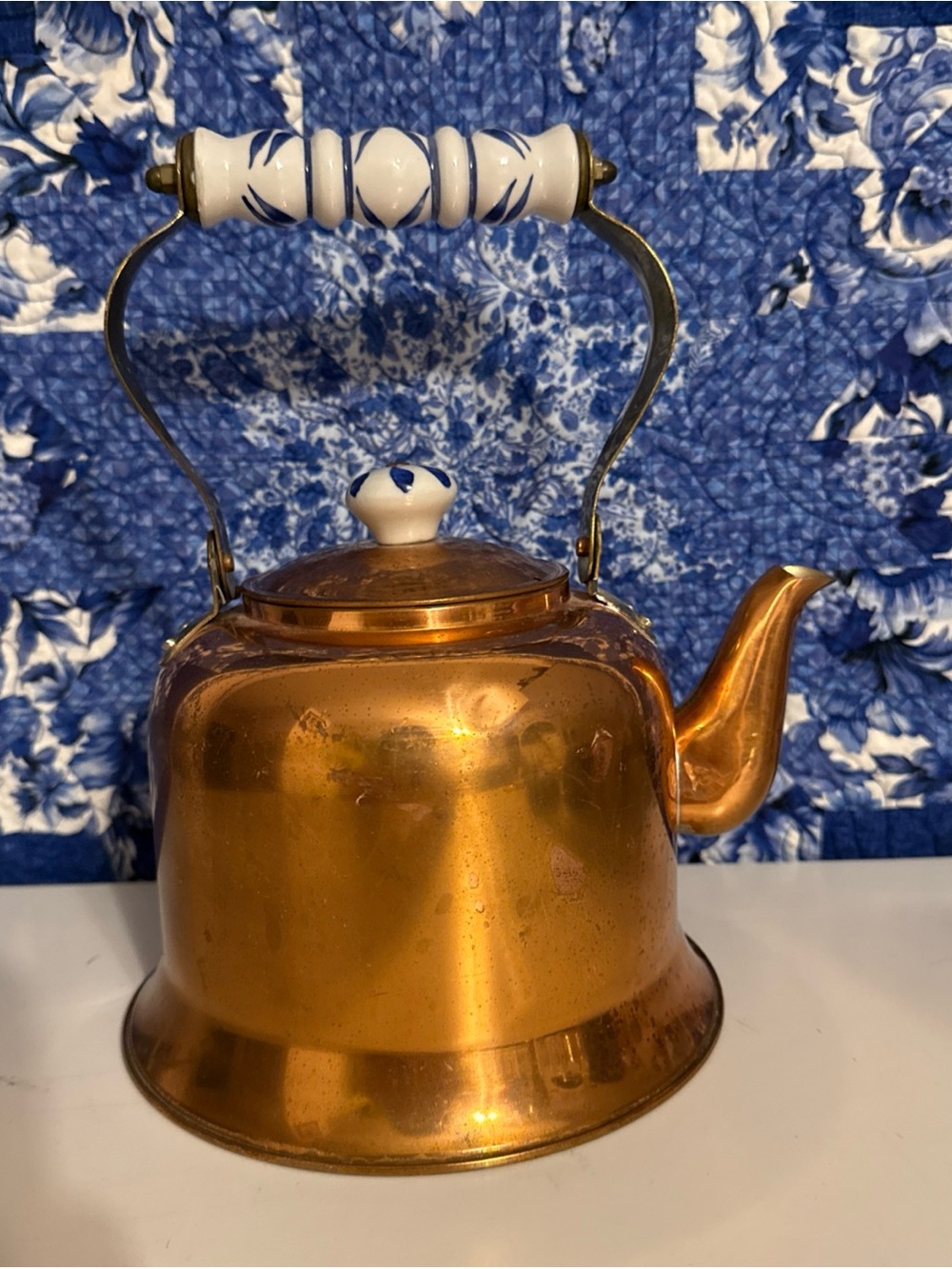 Vintage Copper Teapot with Blue-White Ceramic Handle. Cottage core. Granny core